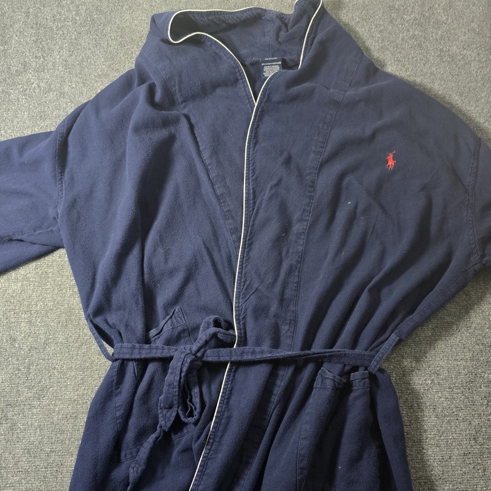 Polo Ralph Lauren Men's Navy 100% Cotton Belted Robe XL Long Sleeve Logo Accent